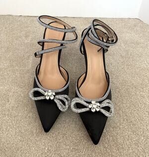Black Satin Silver Rhinestone Strappy Heels, Hayixia Sandals, Women Size 39, 8.5